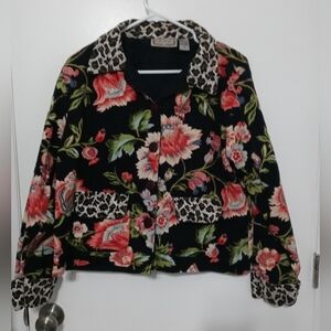 Life style Vtg Button up lined Mixed Media Floral Cheetah print Jacket w Pockets